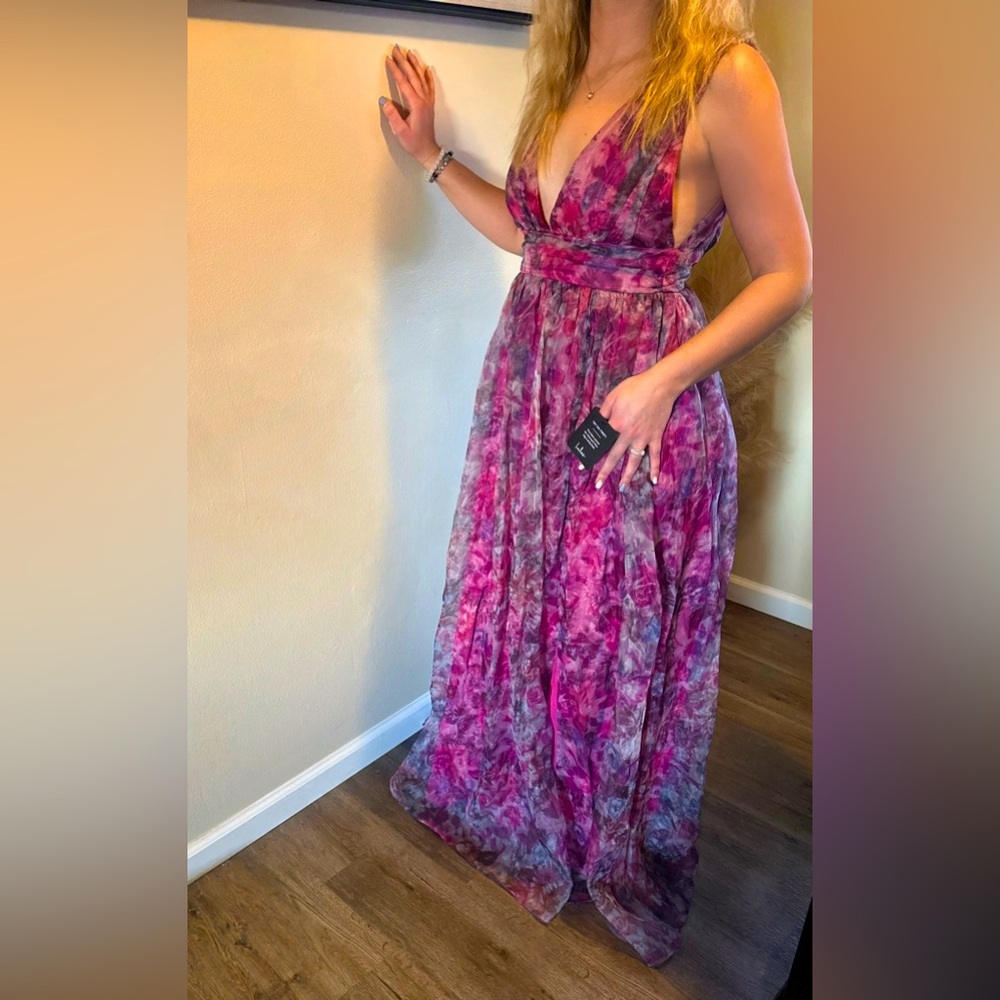 2 Garden Romance Magenta Floral Print Organza Maxi Dresses- (Large)- Lulus